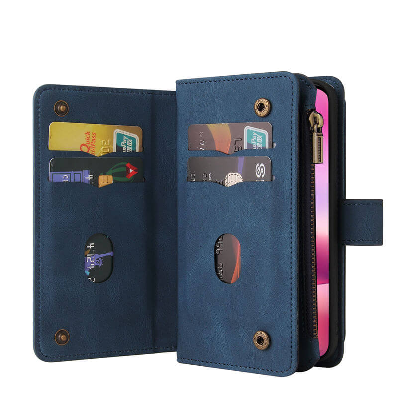 For iPhone 16 Wallet 15 Card Slots Leather Case with Wrist Strap