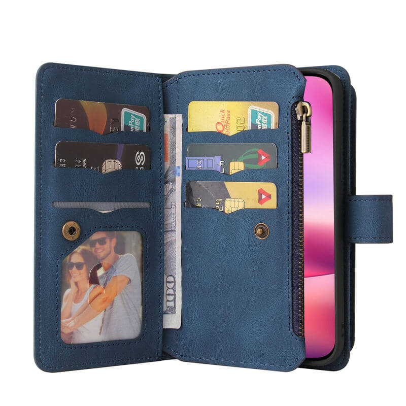 For iPhone 16 Wallet 15 Card Slots Leather Case with Wrist Strap