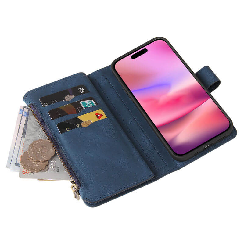 For iPhone 16 Wallet 15 Card Slots Leather Case with Wrist Strap