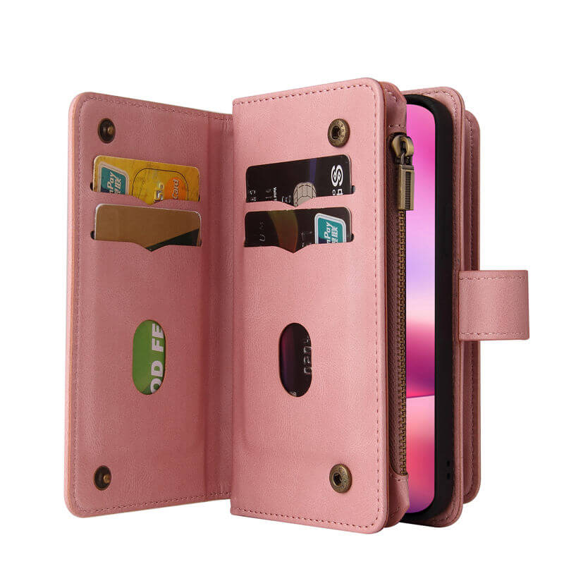 For iPhone 16 Wallet 15 Card Slots Leather Case with Wrist Strap