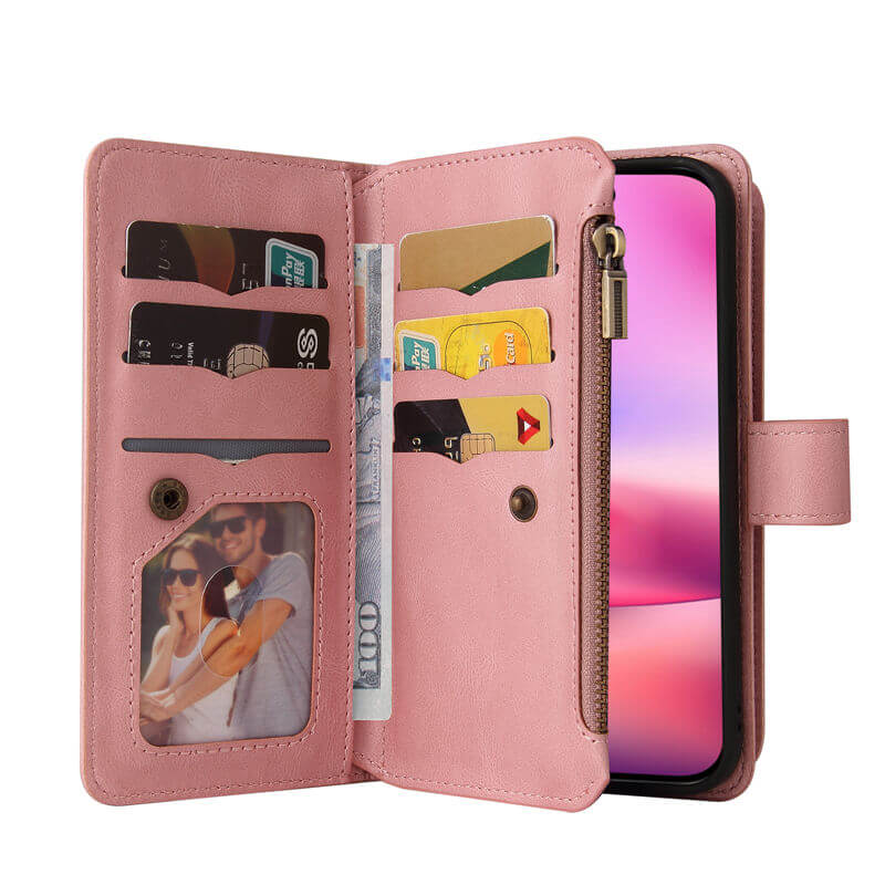 For iPhone 16 Wallet 15 Card Slots Leather Case with Wrist Strap