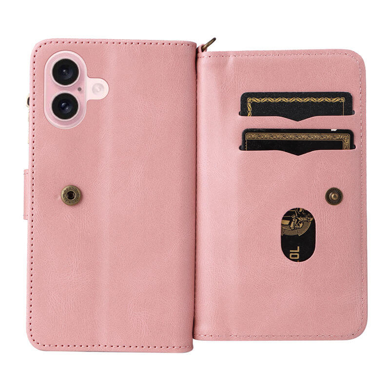 For iPhone 16 Wallet 15 Card Slots Leather Case with Wrist Strap