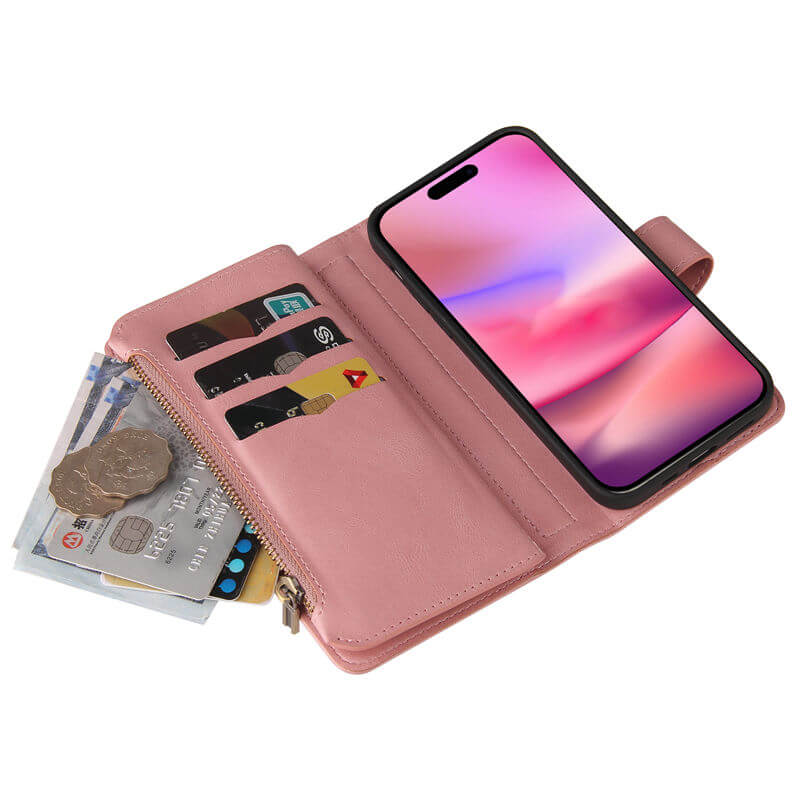 For iPhone 16 Wallet 15 Card Slots Leather Case with Wrist Strap