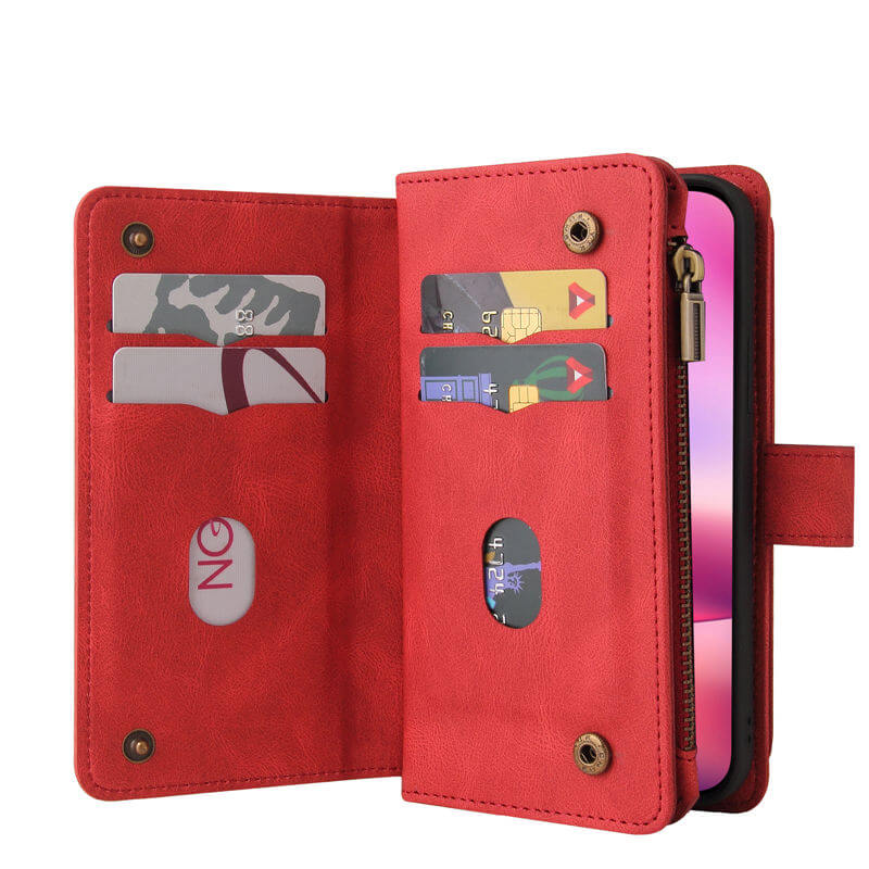 For iPhone 16 Wallet 15 Card Slots Leather Case with Wrist Strap