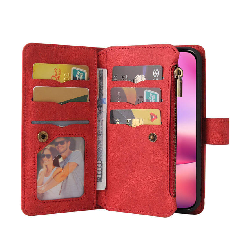 For iPhone 16 Wallet 15 Card Slots Leather Case with Wrist Strap