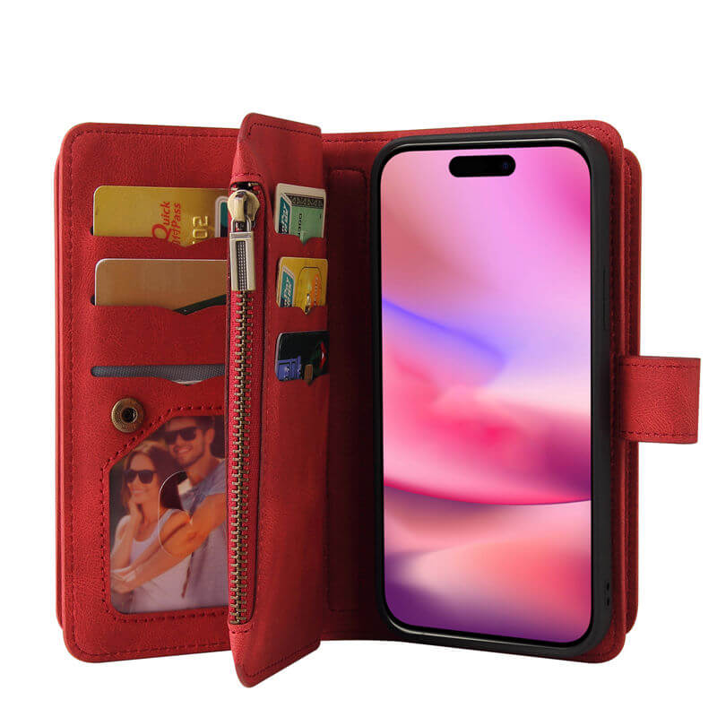 For iPhone 16 Wallet 15 Card Slots Leather Case with Wrist Strap