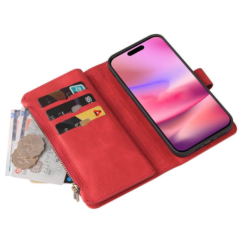 For iPhone 16 Wallet 15 Card Slots Leather Case with Wrist Strap