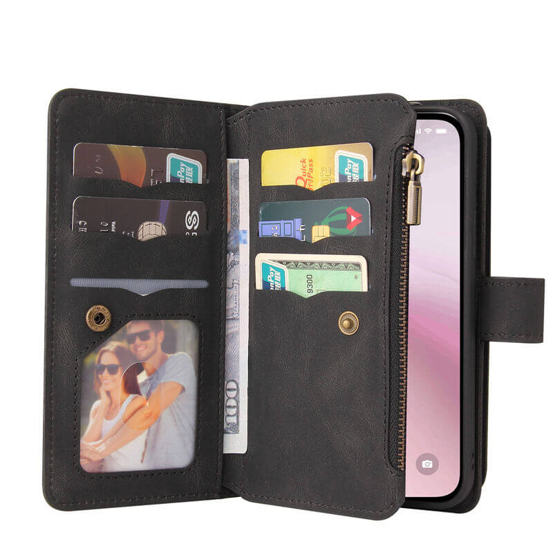 For iPhone 16e Wallet 15 Card Slots Leather Case with Wrist Strap