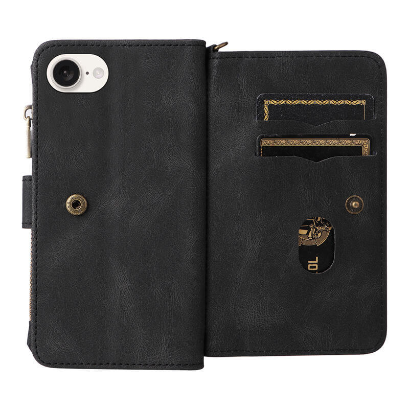 For iPhone 16e Wallet 15 Card Slots Leather Case with Wrist Strap