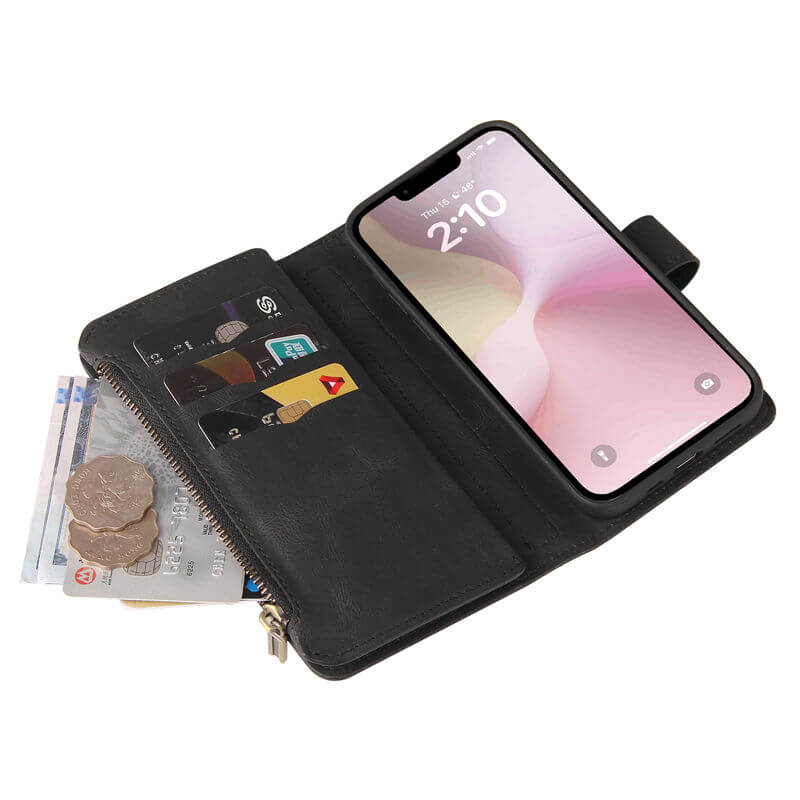 For iPhone 16e Wallet 15 Card Slots Leather Case with Wrist Strap