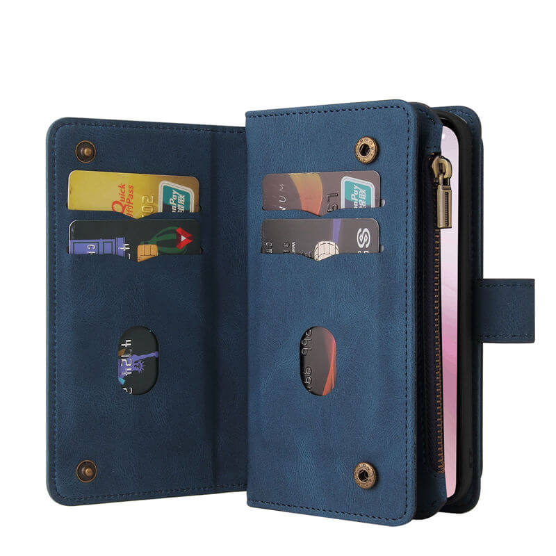 For iPhone 16e Wallet 15 Card Slots Leather Case with Wrist Strap