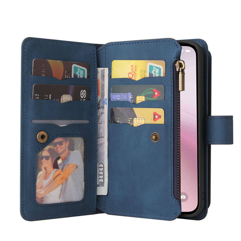 For iPhone 16e Wallet 15 Card Slots Leather Case with Wrist Strap