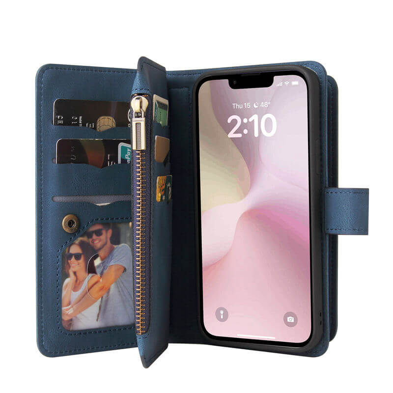 For iPhone 16e Wallet 15 Card Slots Leather Case with Wrist Strap