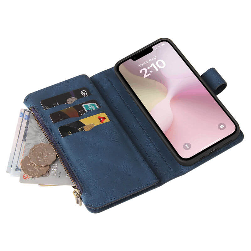 For iPhone 16e Wallet 15 Card Slots Leather Case with Wrist Strap