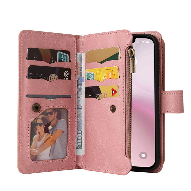 For iPhone 16e Wallet 15 Card Slots Leather Case with Wrist Strap