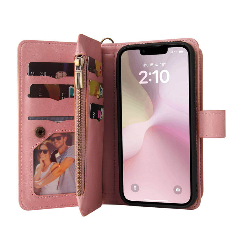 For iPhone 16e Wallet 15 Card Slots Leather Case with Wrist Strap