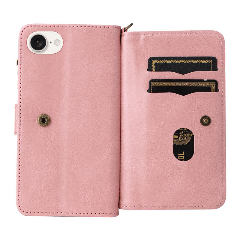 For iPhone 16e Wallet 15 Card Slots Leather Case with Wrist Strap