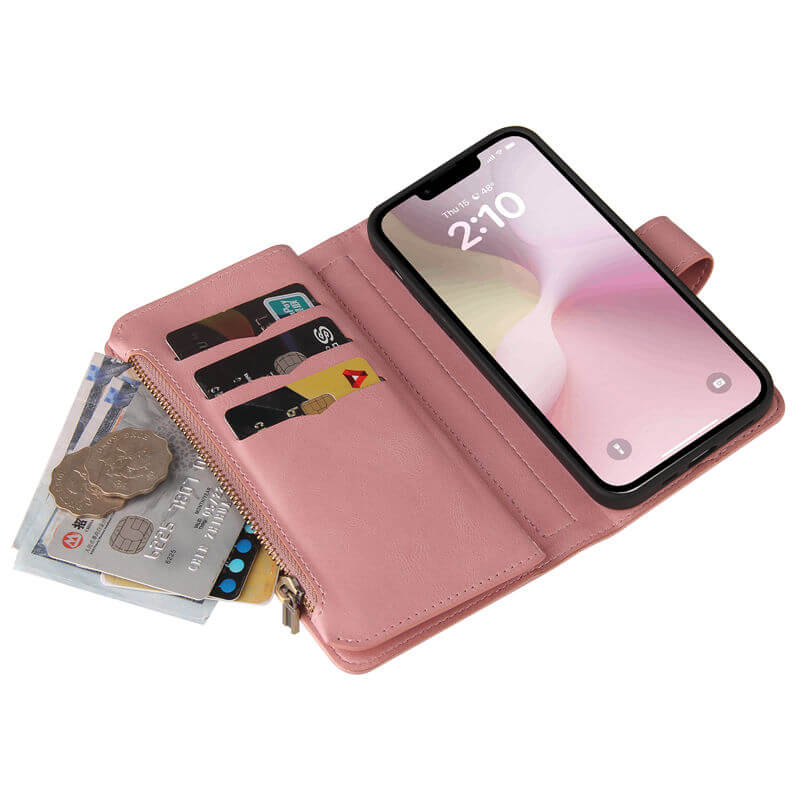 For iPhone 16e Wallet 15 Card Slots Leather Case with Wrist Strap