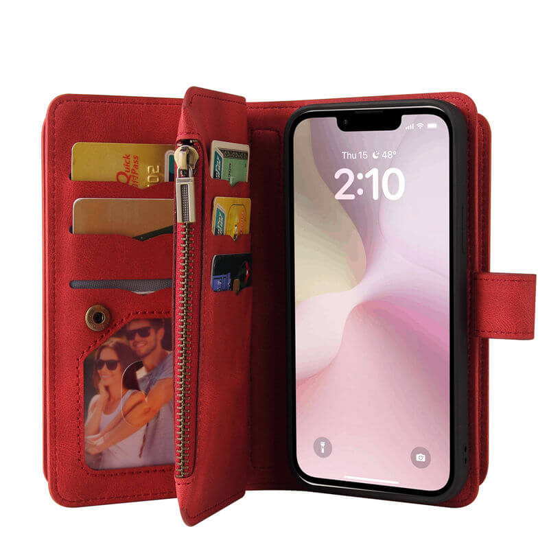 For iPhone 16e Wallet 15 Card Slots Leather Case with Wrist Strap