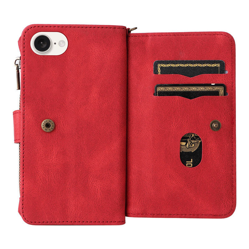 For iPhone 16e Wallet 15 Card Slots Leather Case with Wrist Strap