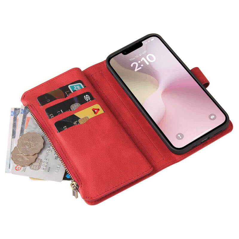 For iPhone 16e Wallet 15 Card Slots Leather Case with Wrist Strap