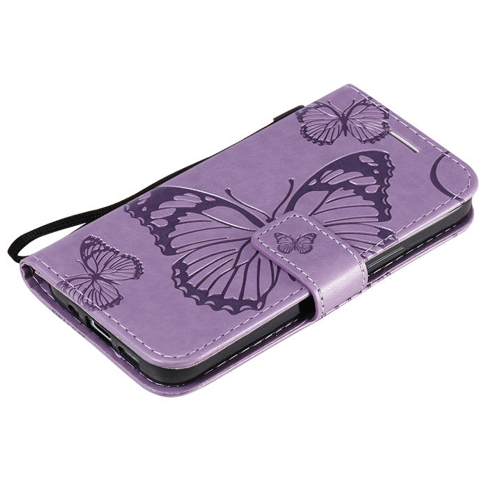 iPhone 12 Embossed Butterfly Wallet Magnetic Stand Case Purple