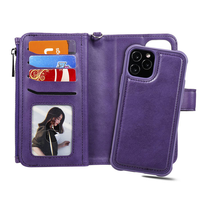 iPhone 12 Pro Zipper Wallet Magnetic Detachable 2 in 1 Case Purple