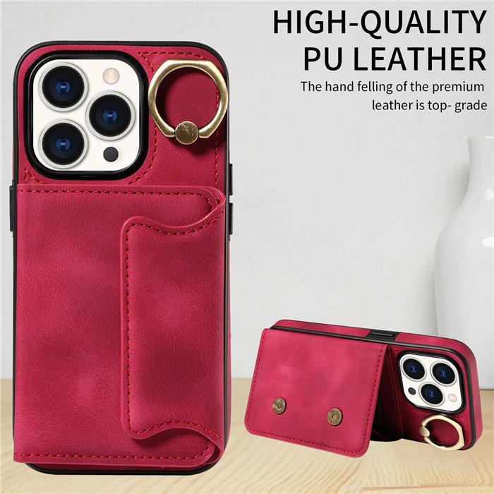 For iPhone 15 Pro Card Holder Ring Kickstand Magnetic Closure Case