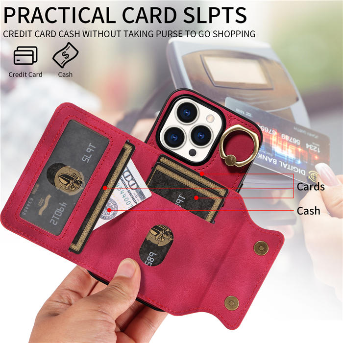 For iPhone 15 Pro Card Holder Ring Kickstand Magnetic Closure Case