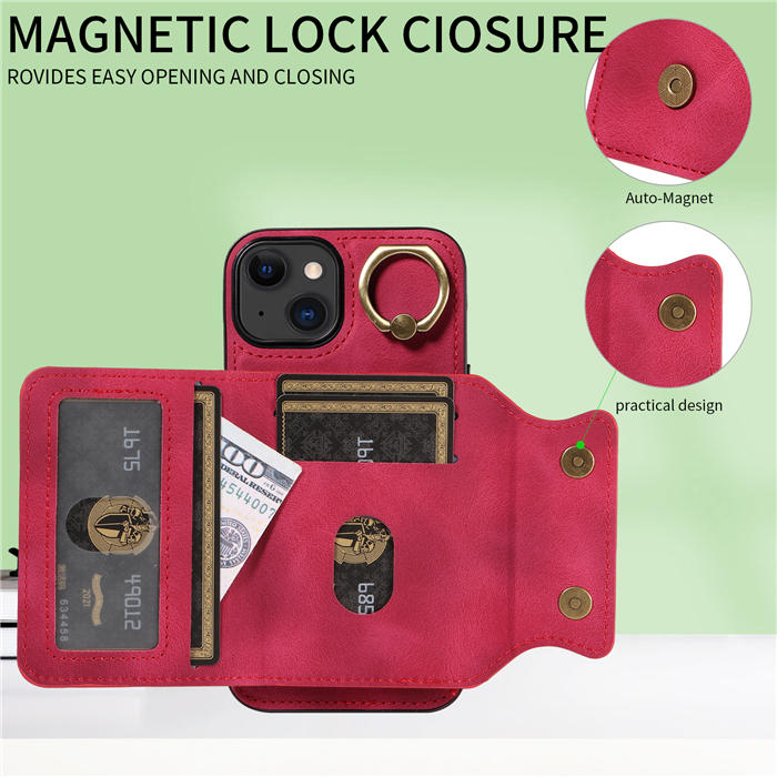 For iPhone 15 Plus Card Holder Ring Kickstand Magnetic Closure Case