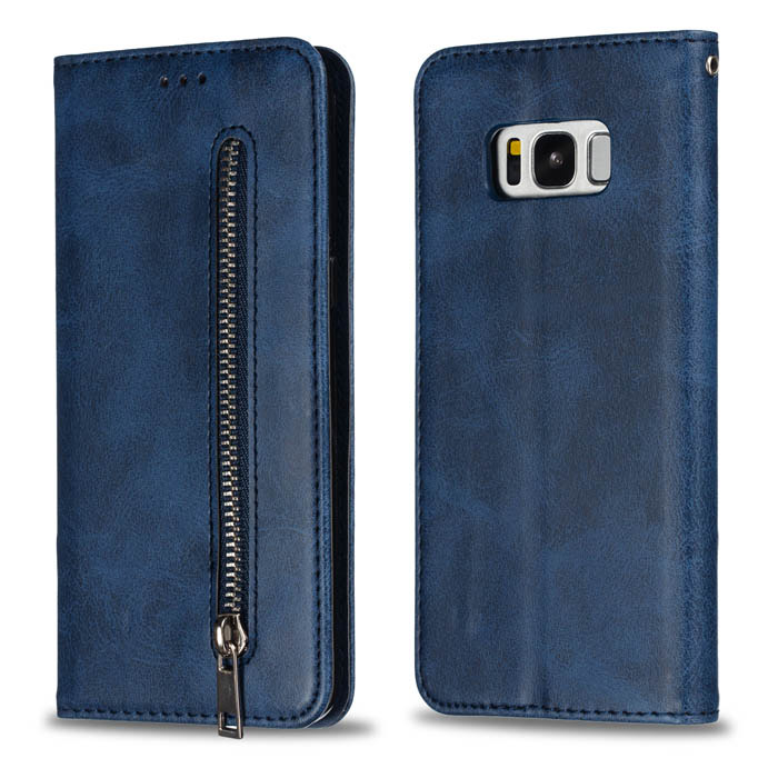 Samsung Galaxy S8 Zipper Pocket Wallet Stand Case with Strap Blue